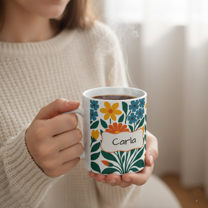 Personalized Floral Bouquet Ceramic Mug — Colorful Retro Flowers Coffee Cup (11oz/15oz)