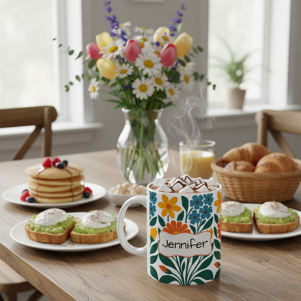 Personalized Floral Bouquet Ceramic Mug — Colorful Retro Flowers Coffee Cup (11oz/15oz)