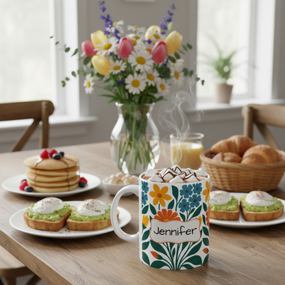 Personalized Floral Bouquet Ceramic Mug — Colorful Retro Flowers Coffee Cup (11oz/15oz)