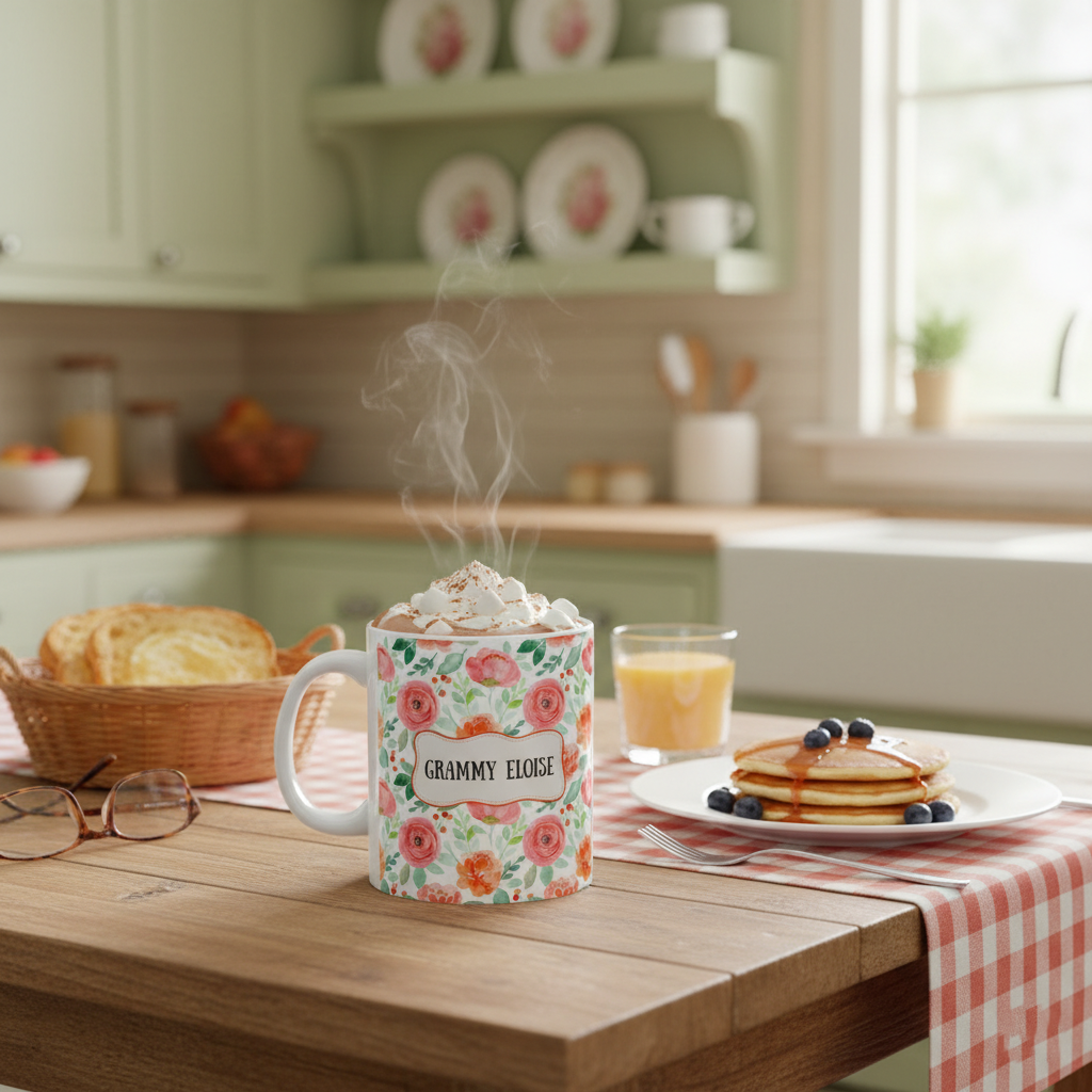 Floral Name Customizable Ceramic Mug – Personalized Pink Watercolor Roses (11oz & 15oz)