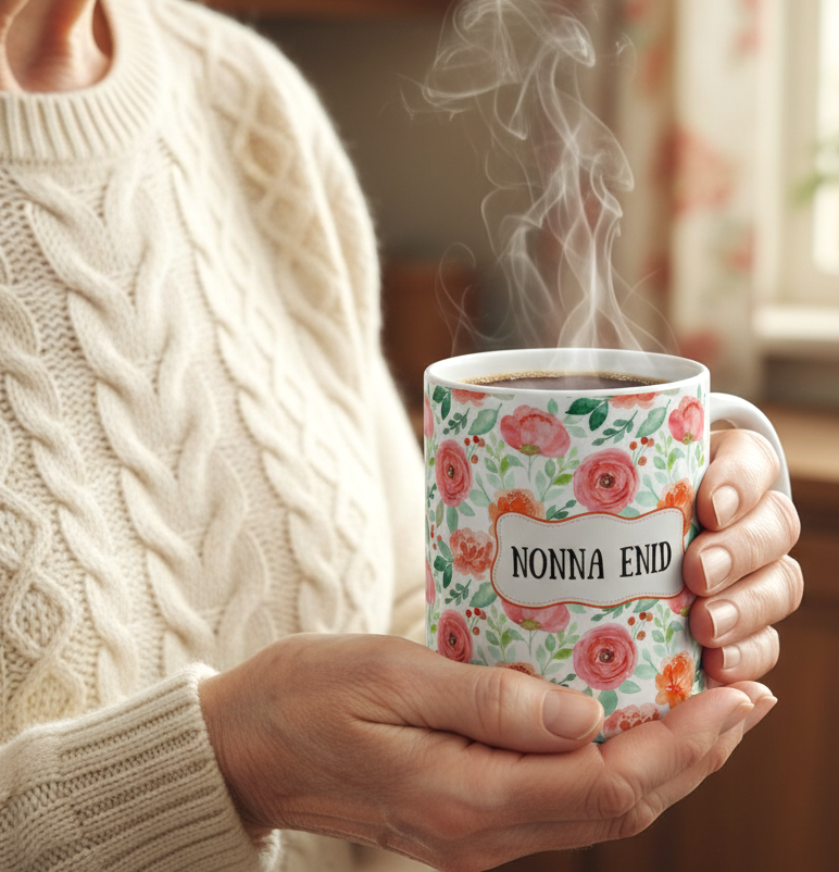 Floral Name Customizable Ceramic Mug – Personalized Pink Watercolor Roses (11oz & 15oz)