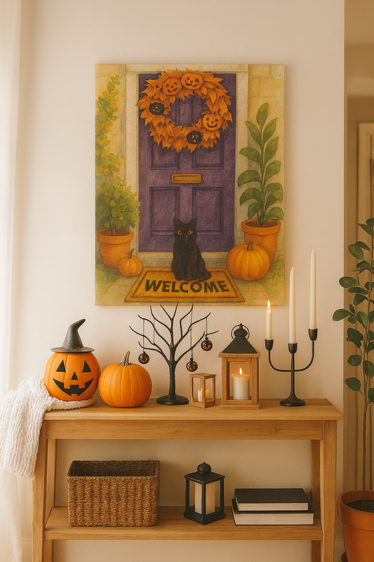 Halloween Black Cat Welcome Entrance - Canvas Wall Art