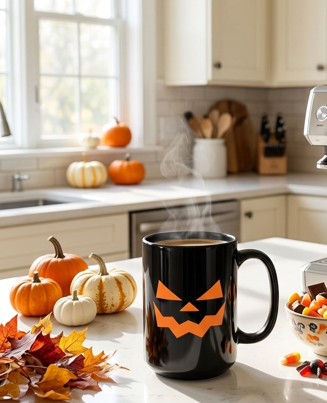 Halloween Pumpkin Face Black Coffee Mug – Spooky Jack-O'-Lantern 11oz & 15oz