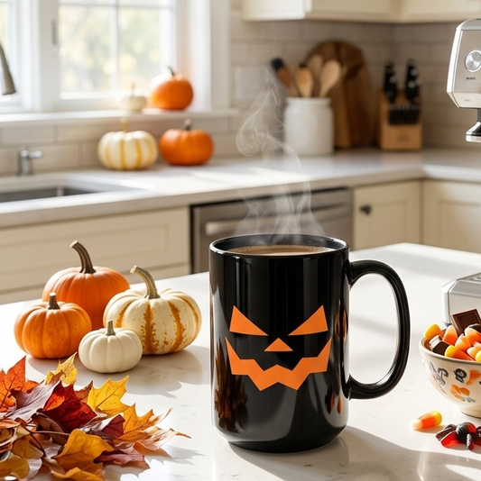 Halloween Pumpkin Face Black Coffee Mug – Spooky Jack-O'-Lantern 11oz & 15oz