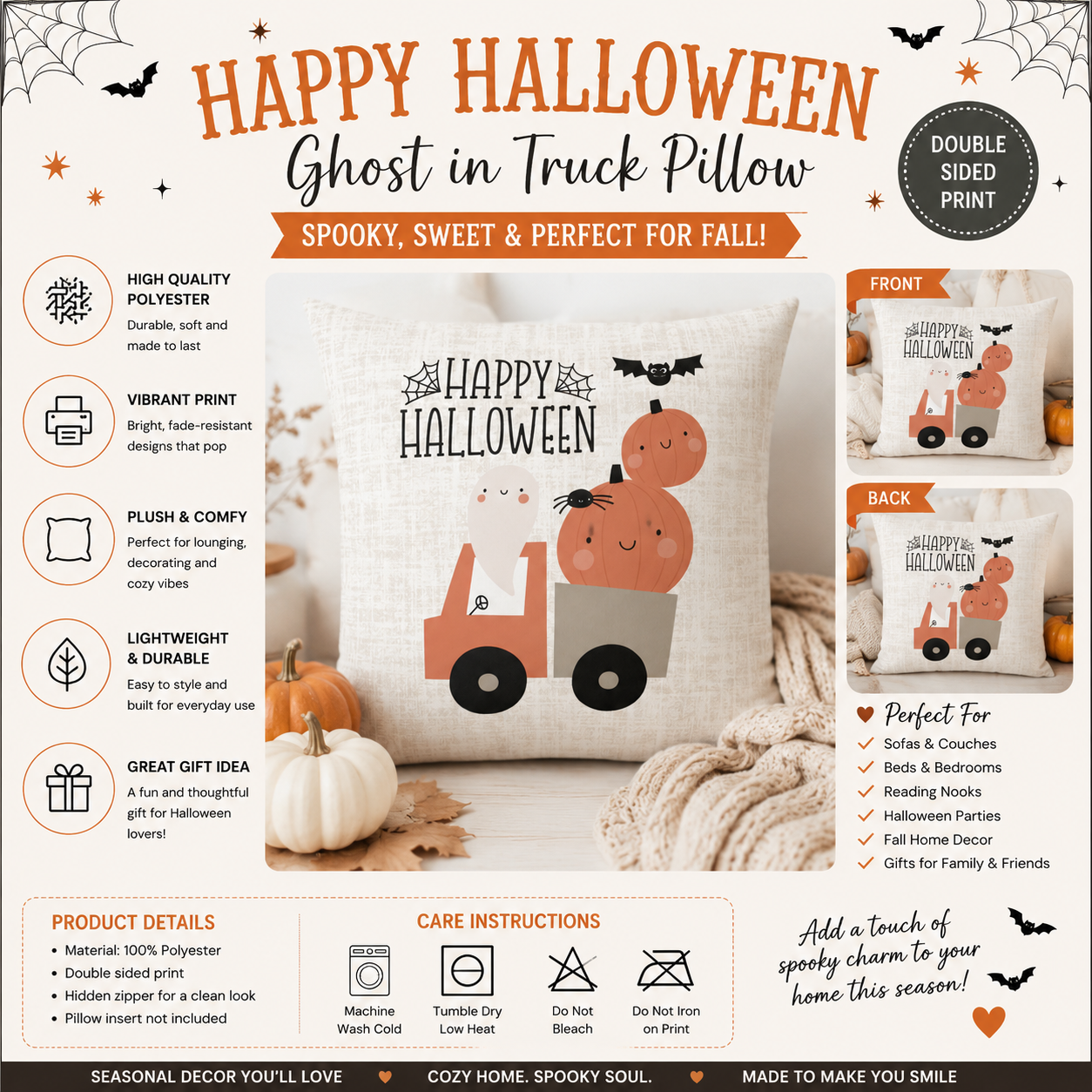 Happy Halloween Cute Ghost Decorative Couch Pillow for Fall & Halloween