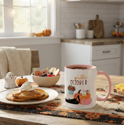 Hello October Accent Mug | Fall Pumpkin & Black Cat Coffee Mug | Pink or Orange