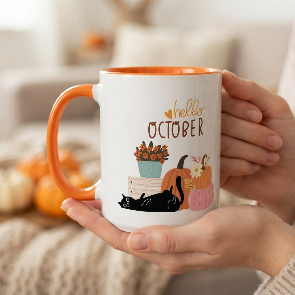 Hello October Accent Mug | Fall Pumpkin & Black Cat Coffee Mug | Pink or Orange