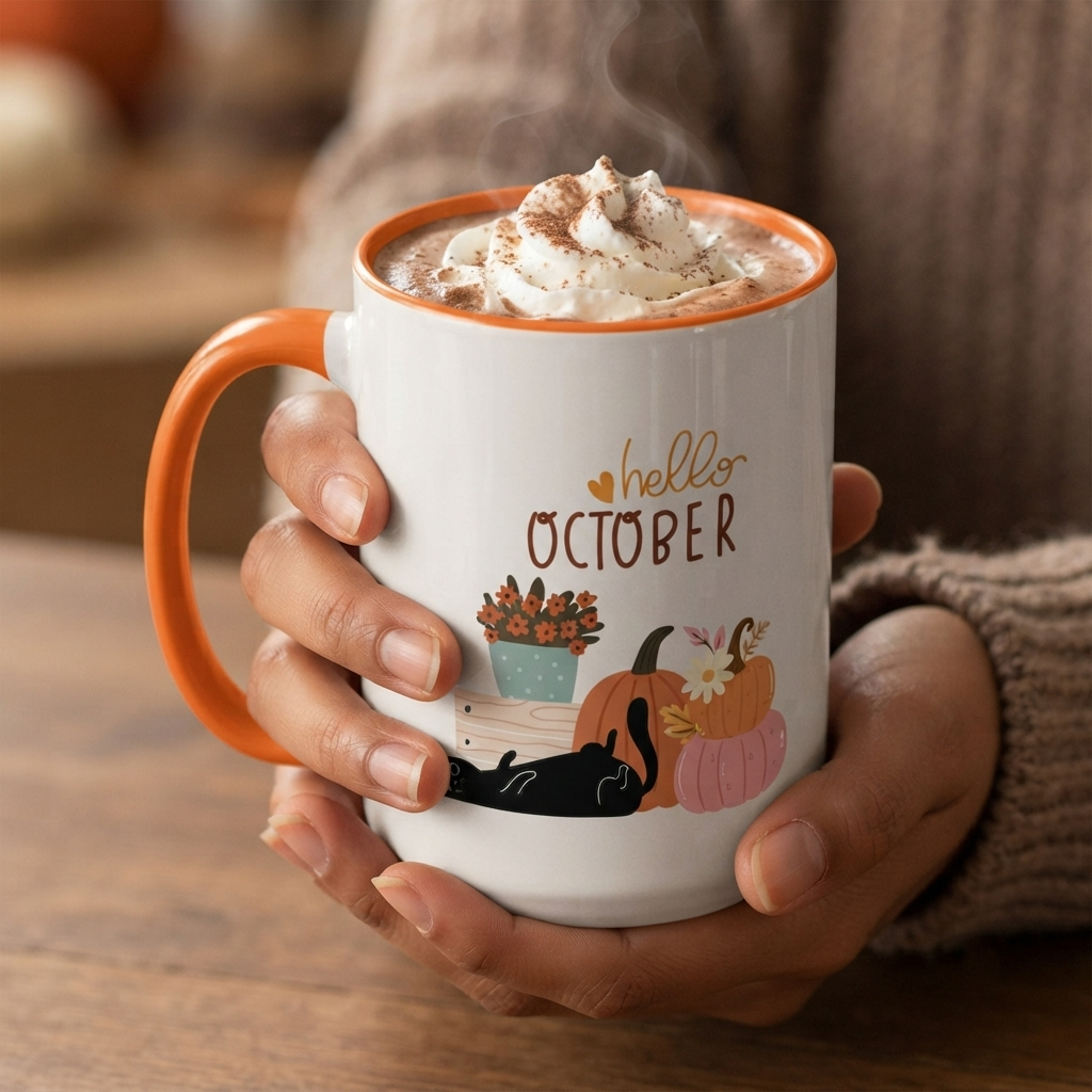 Hello October Accent Mug | Fall Pumpkin & Black Cat Coffee Mug | Pink or Orange
