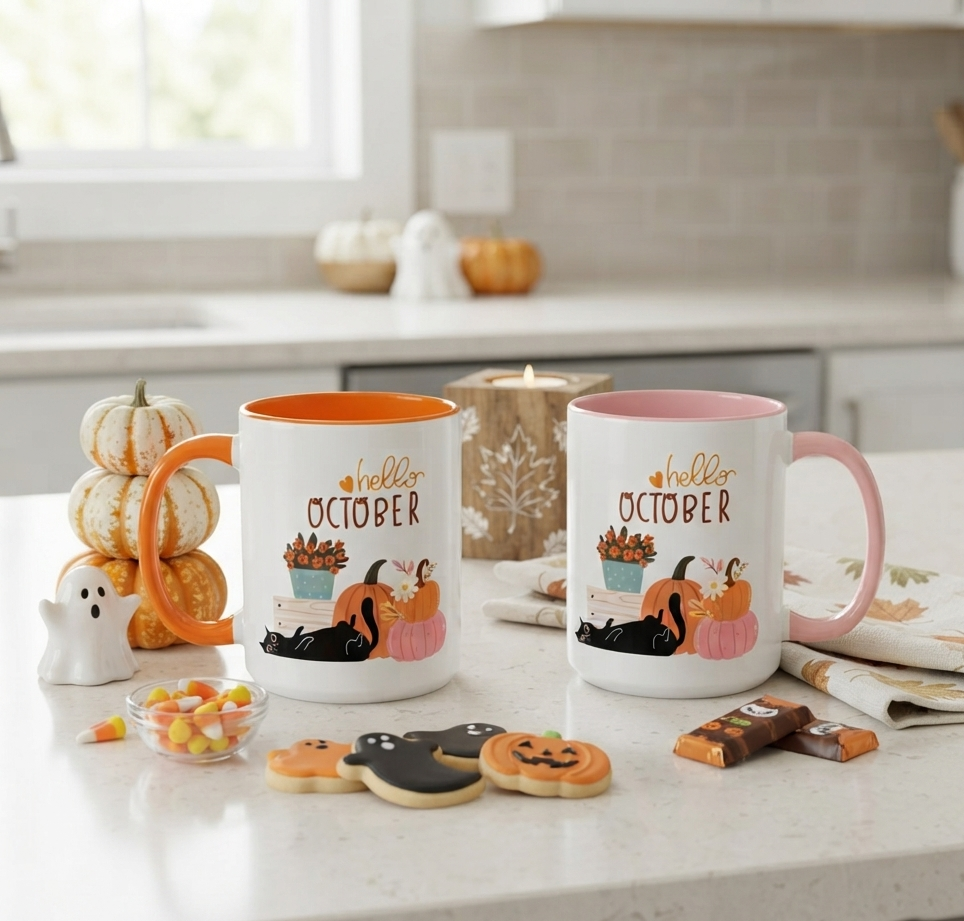 Hello October Accent Mug | Fall Pumpkin & Black Cat Coffee Mug | Pink or Orange