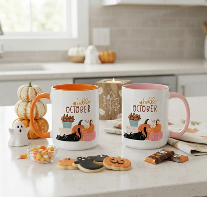 Hello October Accent Mug | Fall Pumpkin & Black Cat Coffee Mug | Pink or Orange