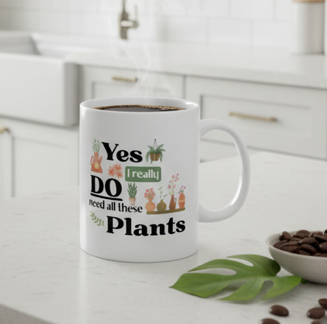 Garden Lover Mug — I really need all these Plants" Ceramic Coffee Cup (11oz/15oz)
