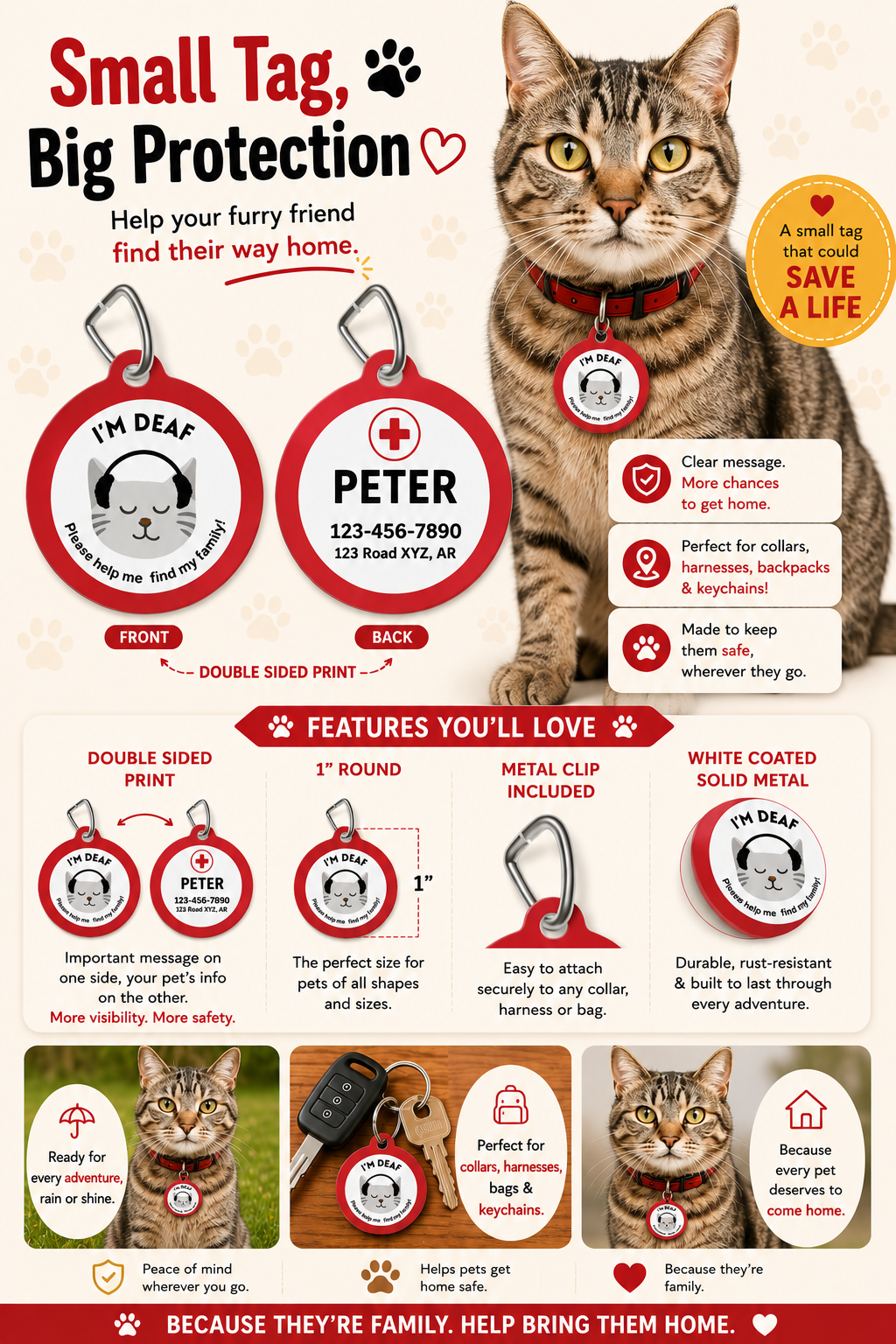 Personalized deaf cat pet tag with double sided print featuring a cute cat illustration, emergency contact information, and metal clip attachment.