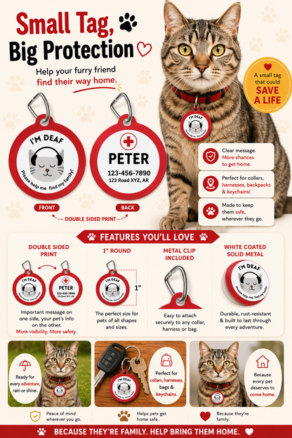 Personalized deaf cat pet tag with double sided print featuring a cute cat illustration, emergency contact information, and metal clip attachment.