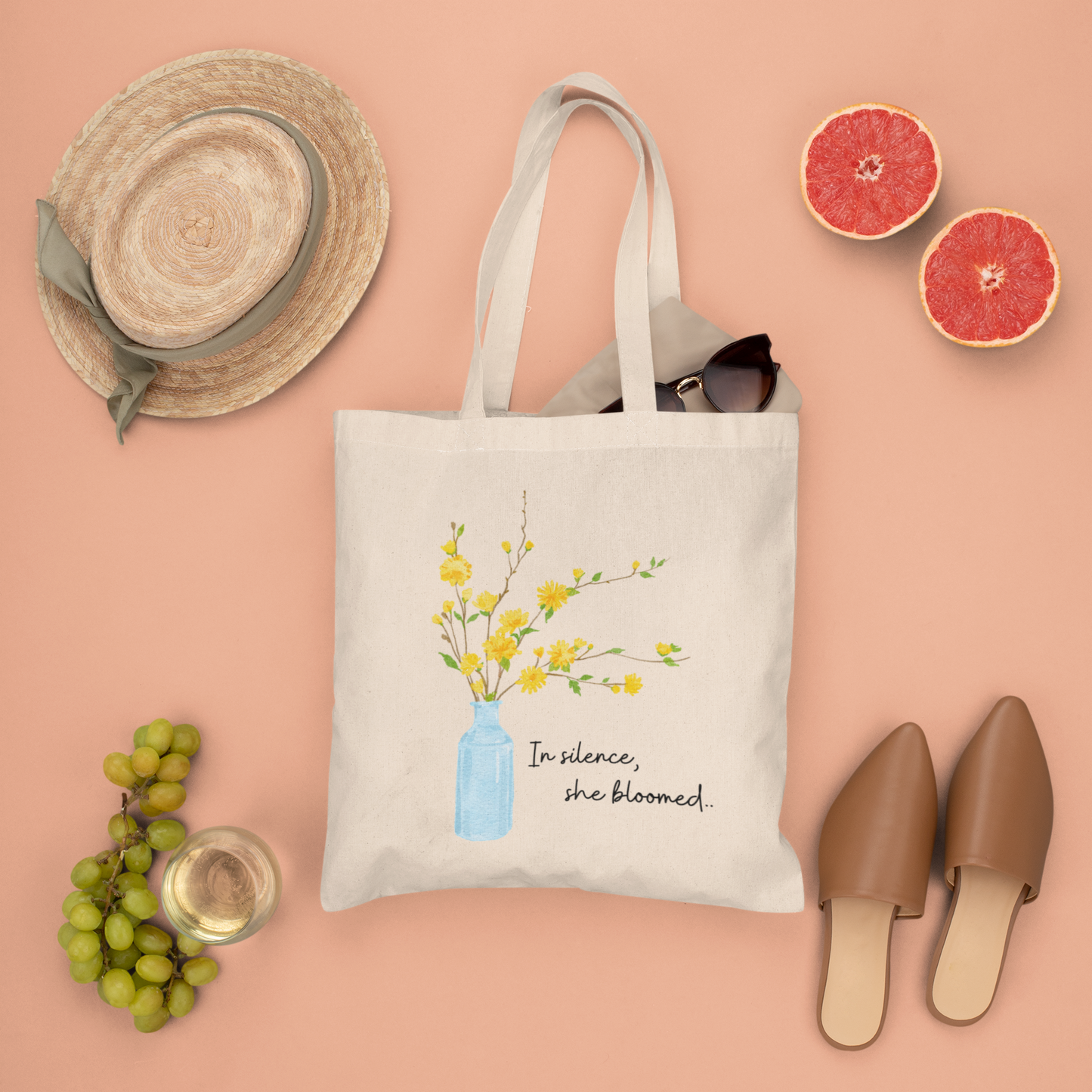 In Silence, She bloomed Natural Cotton Canva Tote Bag