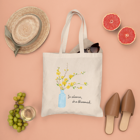 In Silence, She bloomed Natural Cotton Canva Tote Bag