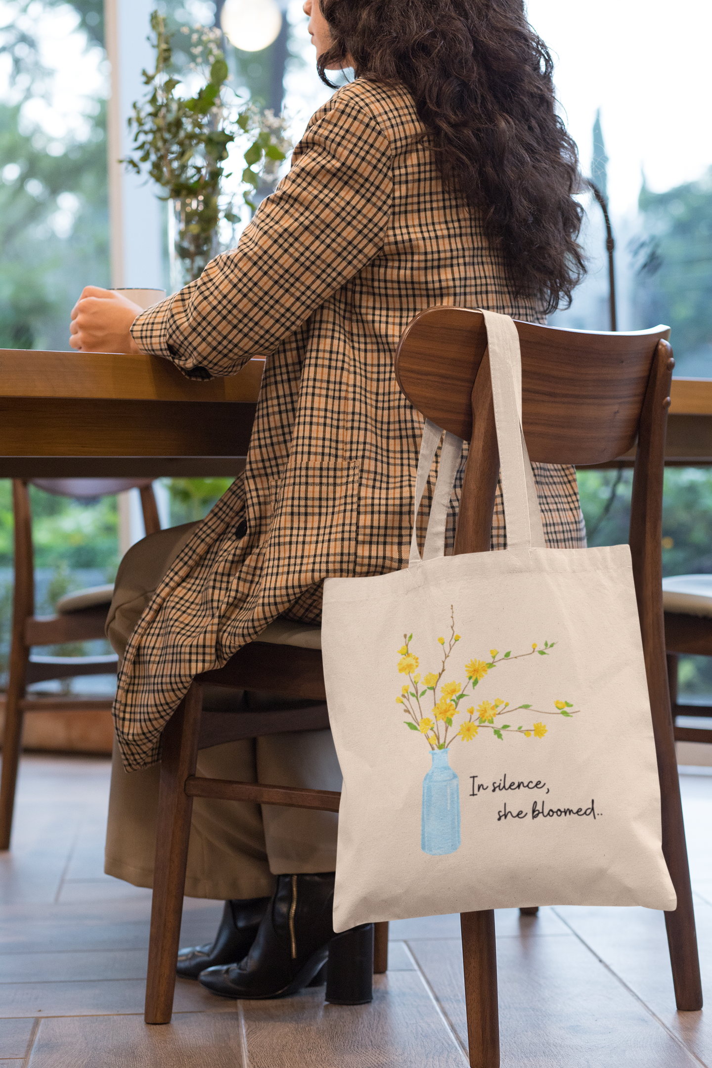 In Silence, She bloomed Natural Cotton Canva Tote Bag