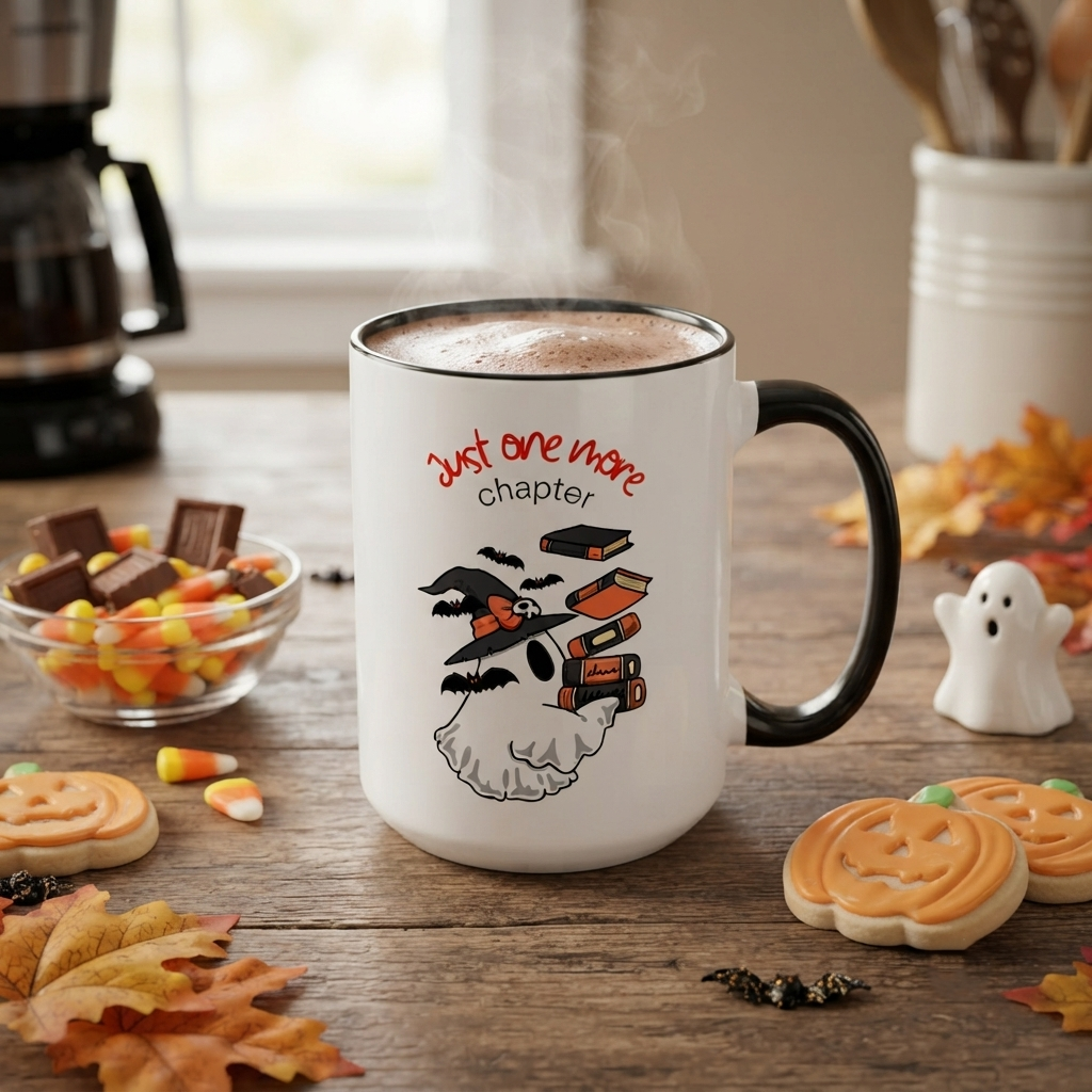 Ceramic Halloween accent mug featuring a ghost wearing a witch hat surrounded by books and bats with the phrase "Just One More Chapter," available in orange and black accent colors in 11oz and 15oz sizes.