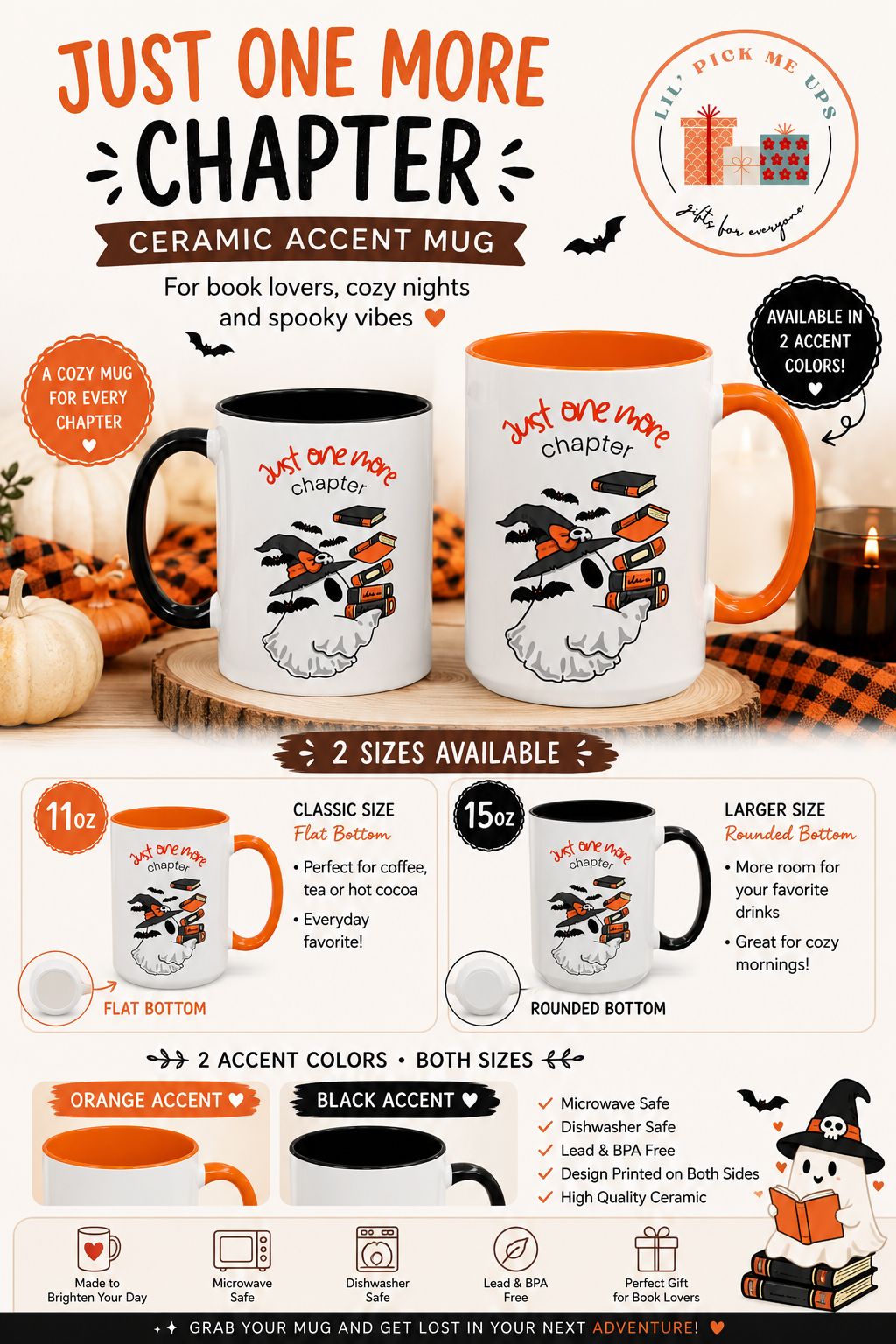 Ceramic Halloween accent mug featuring a ghost wearing a witch hat surrounded by books and bats with the phrase "Just One More Chapter," available in orange and black accent colors in 11oz and 15oz sizes.
