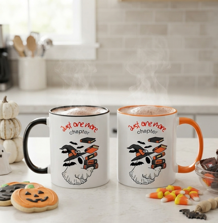 Ceramic Halloween accent mug featuring a ghost wearing a witch hat surrounded by books and bats with the phrase "Just One More Chapter," available in orange and black accent colors in 11oz and 15oz sizes.