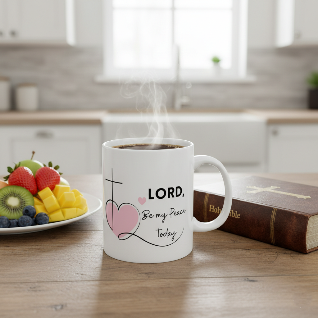 "Lord, Be My Peace Today" Pink Heart & Cross Ceramic Coffee Cup (11oz/15oz)