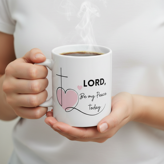 "Lord, Be My Peace Today" Pink Heart & Cross Ceramic Coffee Cup (11oz/15oz)