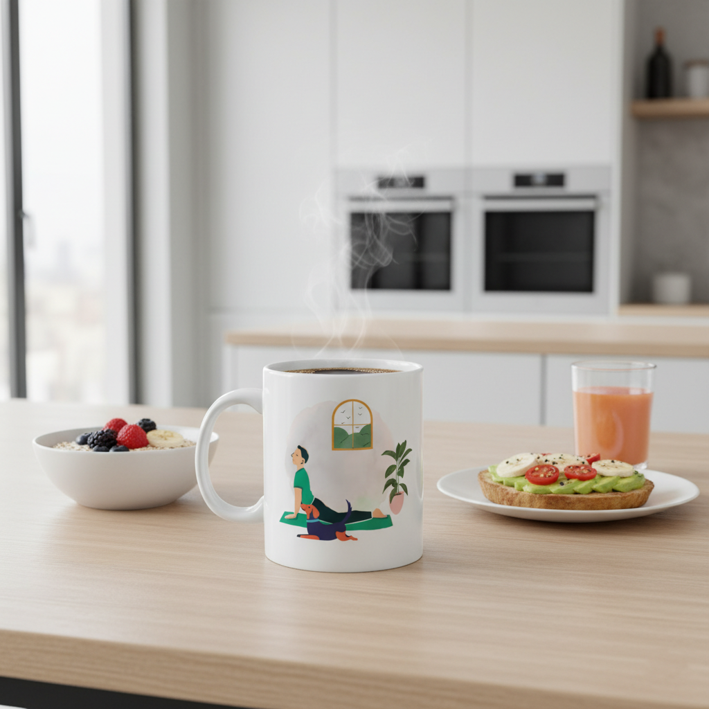 Yoga and Dog Lovers Ceramic Mug — 'Breathe & Flow' Illustrated Meditation Design (11oz, 15oz)