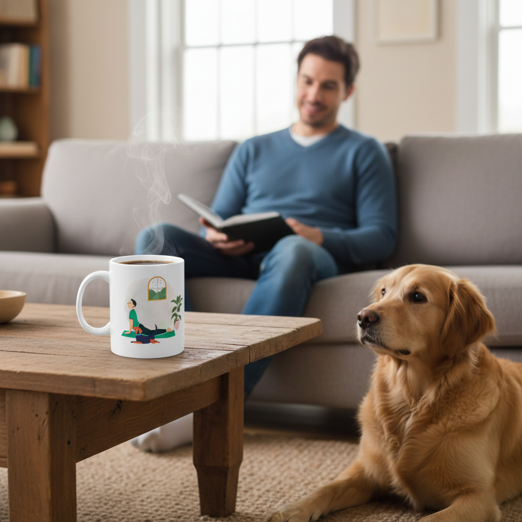 Yoga and Dog Lovers Ceramic Mug — 'Breathe & Flow' Illustrated Meditation Design (11oz, 15oz)