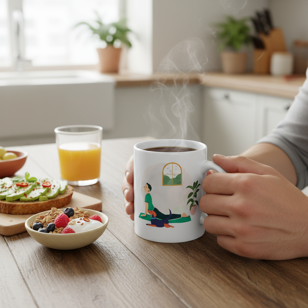 Yoga and Dog Lovers Ceramic Mug — 'Breathe & Flow' Illustrated Meditation Design (11oz, 15oz)