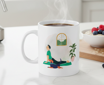 Yoga and Dog Lovers Ceramic Mug — 'Breathe & Flow' Illustrated Meditation Design (11oz, 15oz)