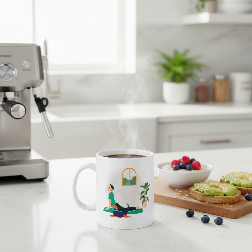 Yoga and Dog Lovers Ceramic Mug — 'Breathe & Flow' Illustrated Meditation Design (11oz, 15oz)