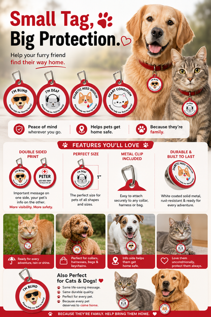 Red personalized Kidney Disease medical pet ID tag for dogs with custom emergency contact information on the back and cartoon dog illustration on the front.