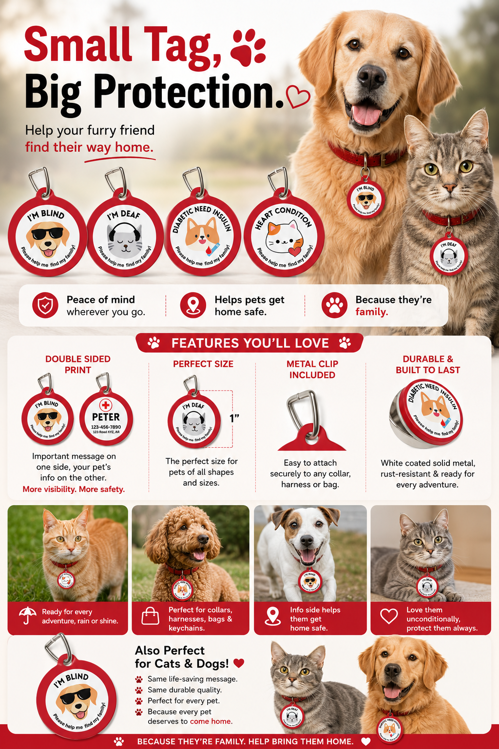 Red personalized Diabetic Cat medical pet ID tag featuring a cartoon cat illustration with insulin and blood drop icons on the front and custom emergency contact information on the back.