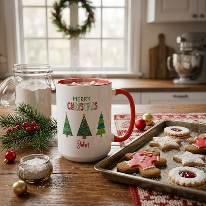 Personalized Christmas tree ceramic mug with custom name, festive holiday trees, red handle and interior, available in 11 oz and 15 oz sizes.