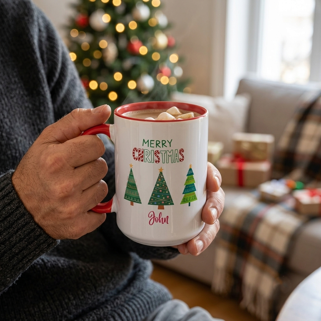Personalized Christmas tree ceramic mug with custom name, festive holiday trees, red handle and interior, available in 11 oz and 15 oz sizes.