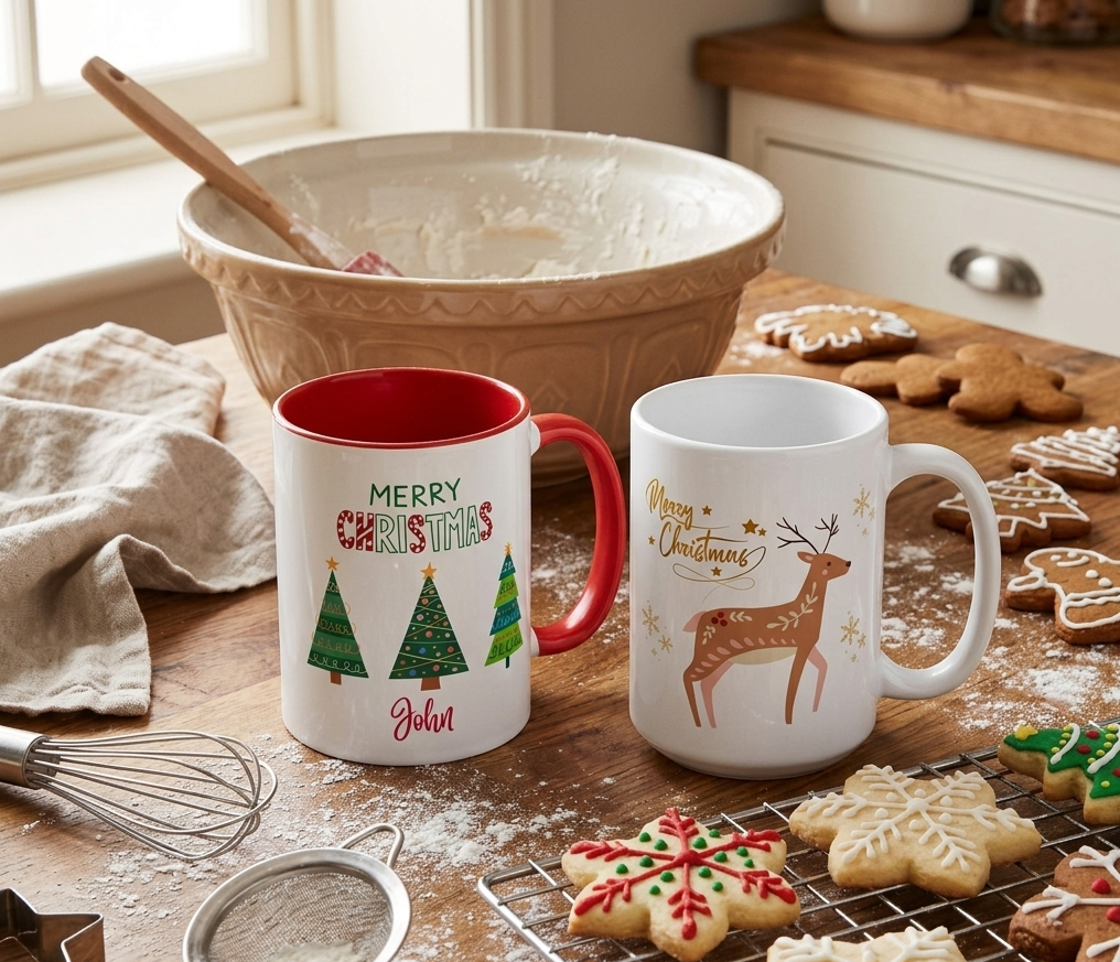 Personalized Christmas tree ceramic mug with custom name, festive holiday trees, red handle and interior, available in 11 oz and 15 oz sizes.