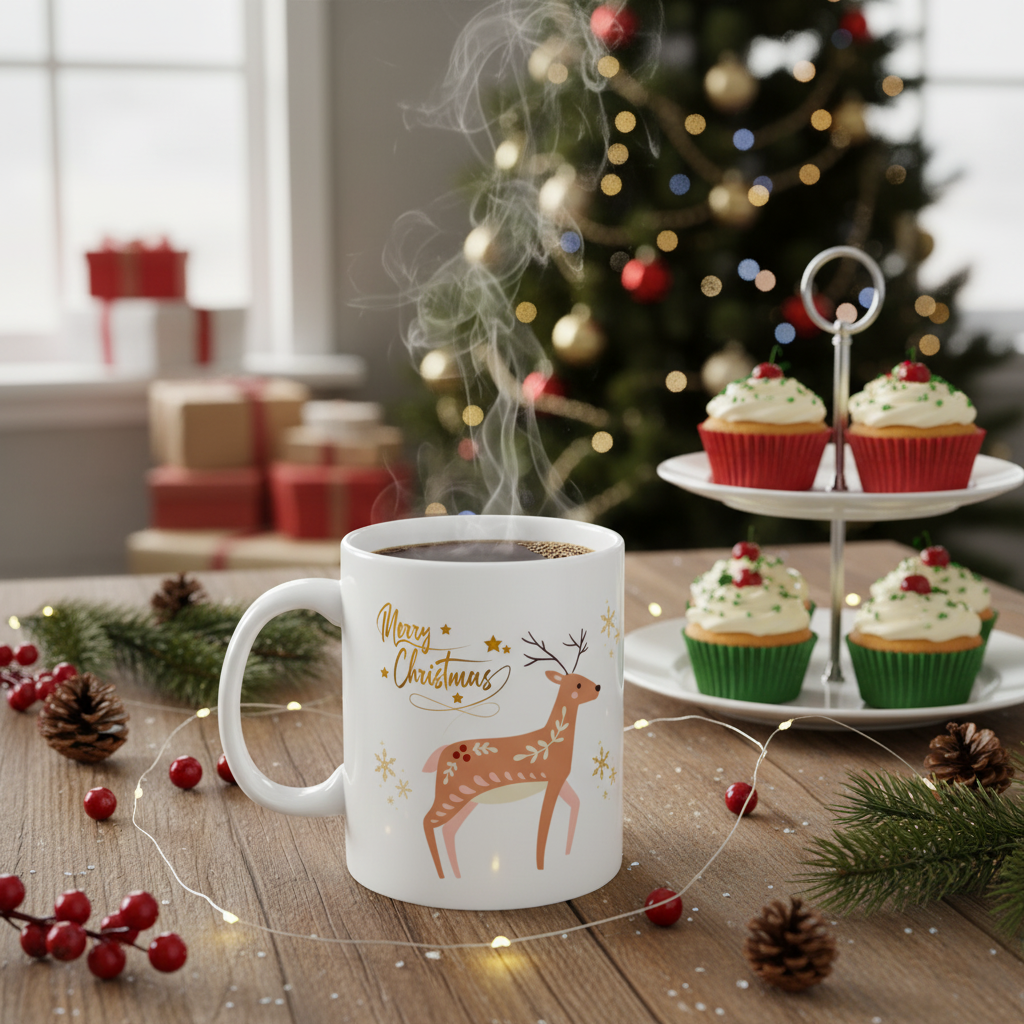 Christmas Reindeer Ceramic Mug — "Merry Christmas" Holiday Coffee Cup (11oz/15oz)