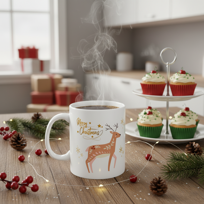 Christmas Reindeer Ceramic Mug — "Merry Christmas" Holiday Coffee Cup (11oz/15oz)
