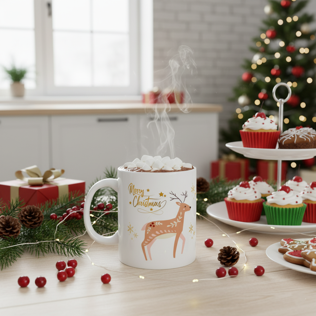 Christmas Reindeer Ceramic Mug — "Merry Christmas" Holiday Coffee Cup (11oz/15oz)
