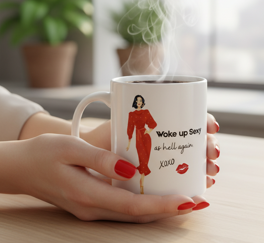 Ceramic Mug — "Woke Up Sexy" Retro Pinup Woman Coffee Cup (11oz/15oz)
