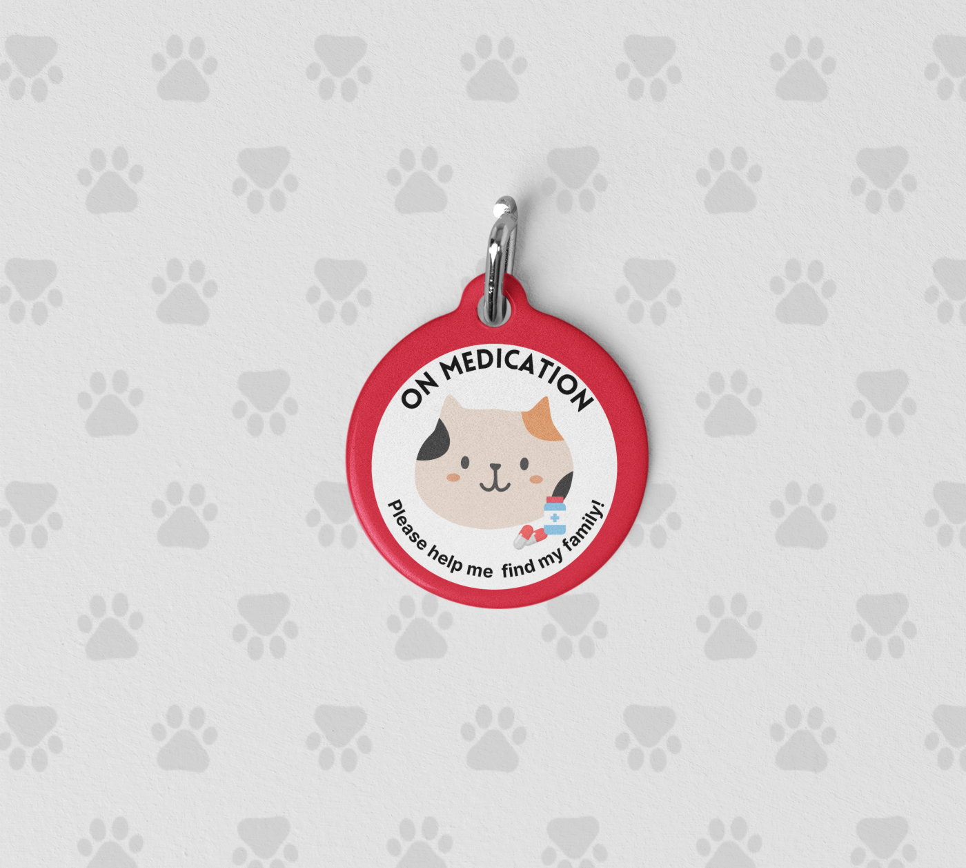 Red personalized On Medication medical pet ID tag for cats featuring a cartoon cat illustration with medication icons and emergency contact information on the reverse side.