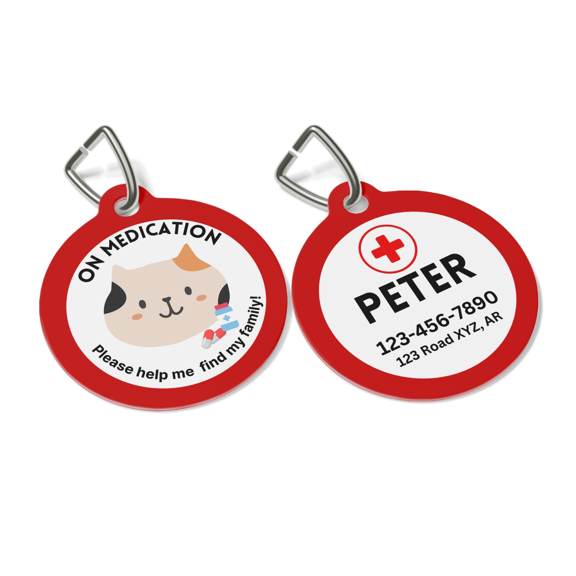 Red personalized On Medication medical pet ID tag for cats featuring a cartoon cat illustration with medication icons and emergency contact information on the reverse side.