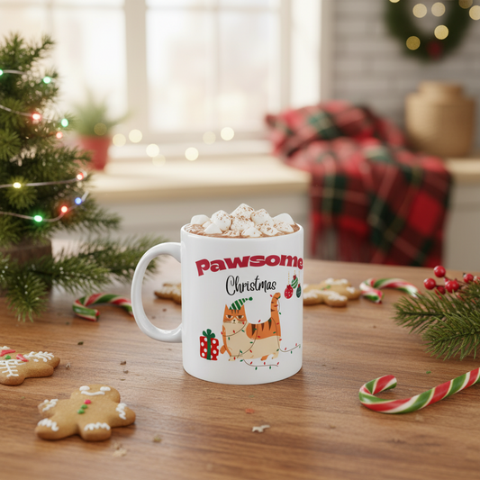 Pawsome Christmas Cat Mug – Funny Christmas Coffee Mug for Cat Lovers