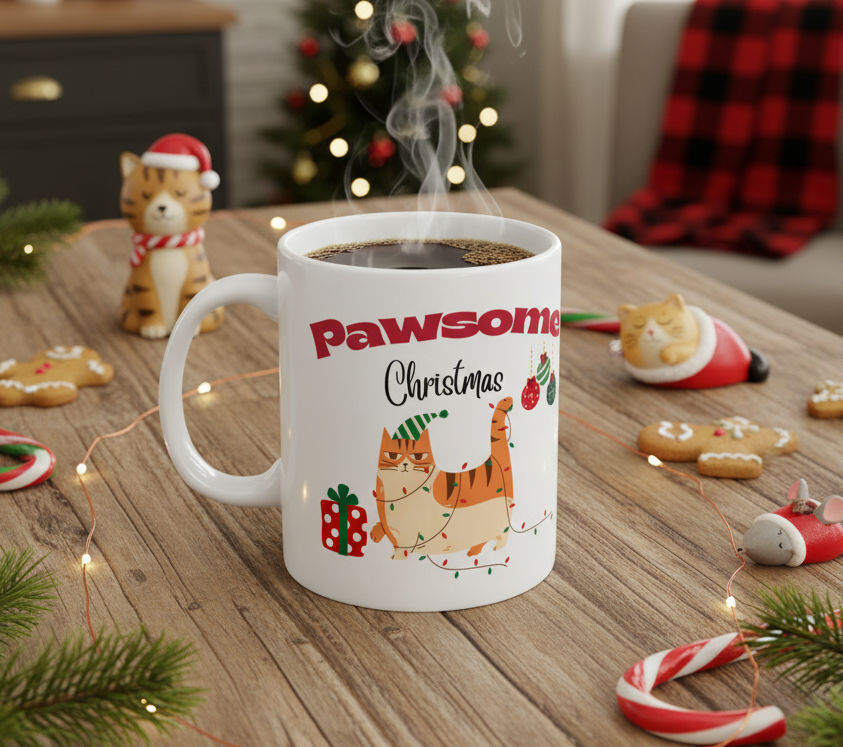 Pawsome Christmas Cat Mug – Funny Christmas Coffee Mug for Cat Lovers