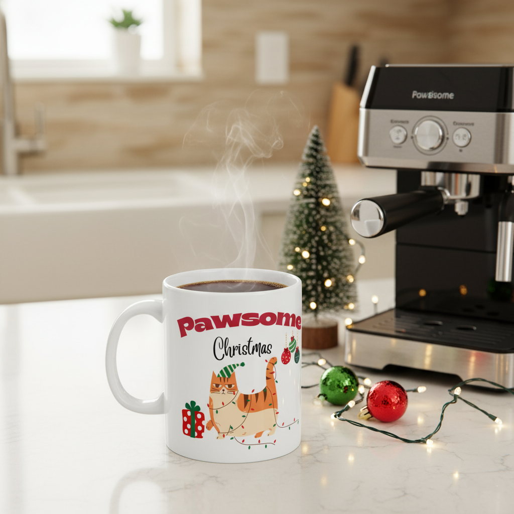 Pawsome Christmas Cat Mug – Funny Christmas Coffee Mug for Cat Lovers