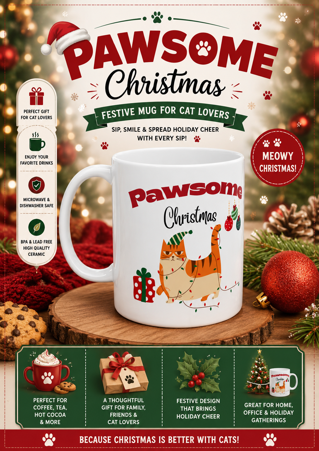 Pawsome Christmas Cat Mug – Funny Christmas Coffee Mug for Cat Lovers