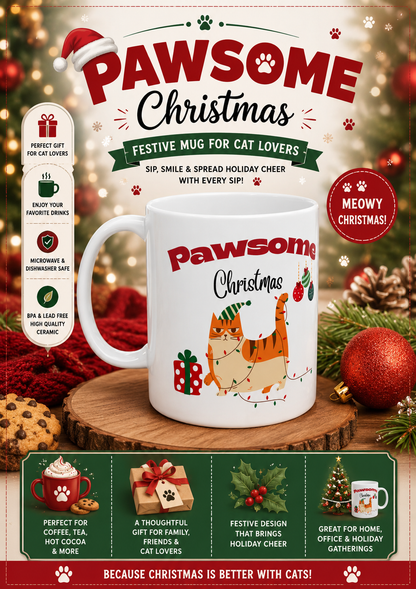 Pawsome Christmas Cat Mug – Funny Christmas Coffee Mug for Cat Lovers