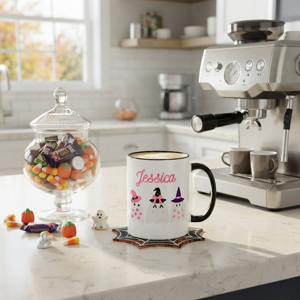 Personalized Halloween Cute Ghost Ceramic Accent Mug | Pink / Black