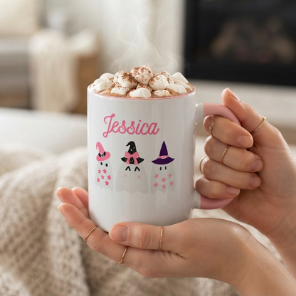 Personalized Halloween Cute Ghost Ceramic Accent Mug | Pink / Black