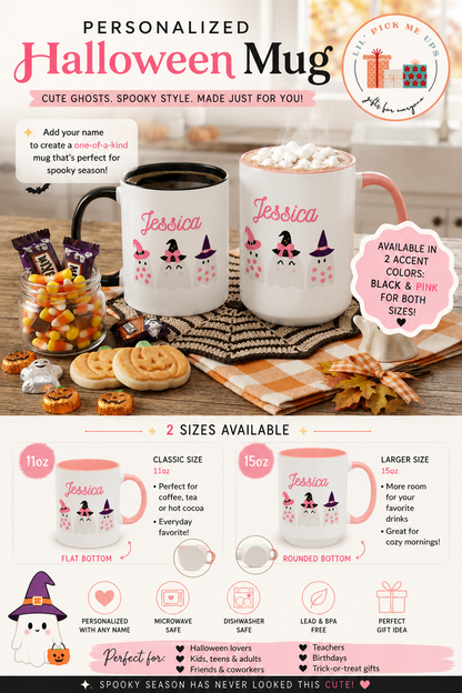 Personalized Halloween Cute Ghost Ceramic Accent Mug | Pink / Black
