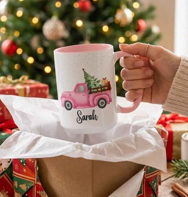 Personalized pink Christmas truck mug with custom name Sarah, featuring a vintage pink pickup carrying a Christmas tree and gifts in a snowy holiday scene.
